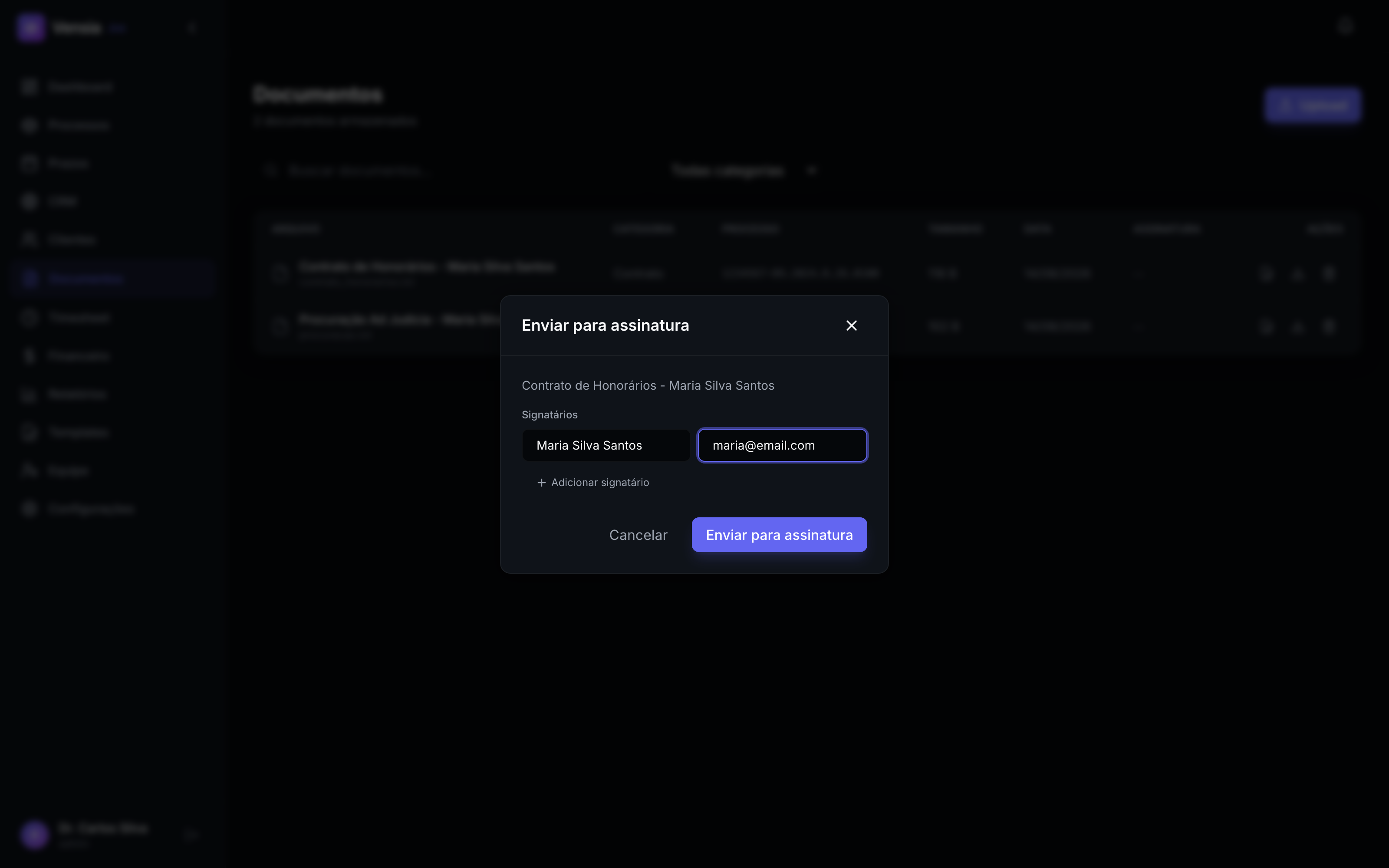 Modal de envio de documento para assinatura eletrônica
